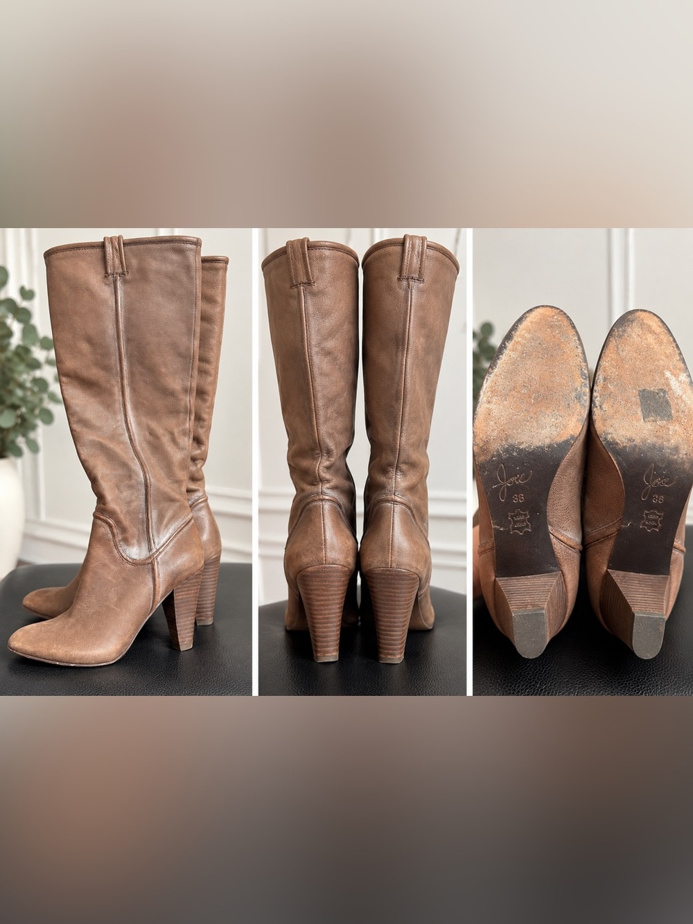 Italian Leather Taupe Brown Knee-High Heeled Boots – Size 36